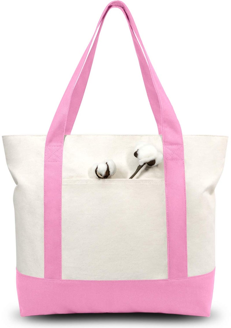TOPDesign 1-Pack Canvas Tote Bag with an External Pocket, Reusable Grocery Shopping Bag, Top Zipper Closure, Daily Essentials (Pink/Natural) - Image 1